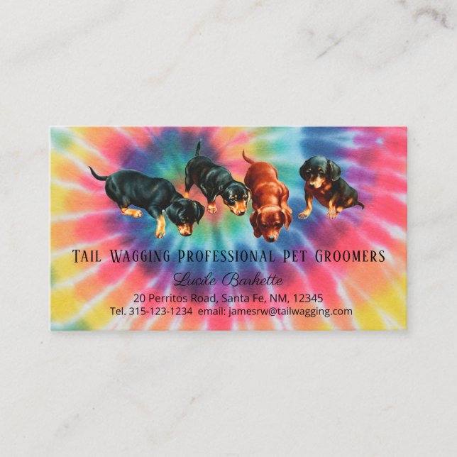 Dachshund Pet Grooming Tie Dyed Rainbow Pride Business Card (Front)