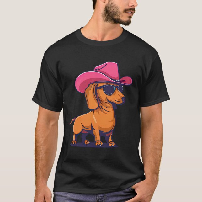 Dachshund Pink Cowboy Hat Wiener Sausage Dog Puppy T-Shirt (Front)