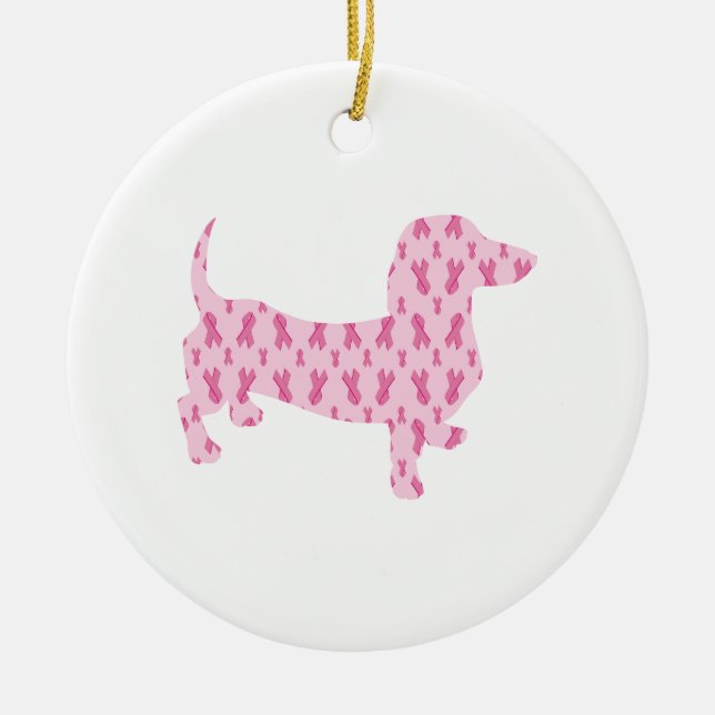 Dachshund Pink Ribbon for Cancer Ceramic Tree Decoration (Front)