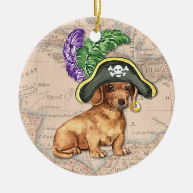 Dachshund Pirate Ceramic Tree Decoration (Front)
