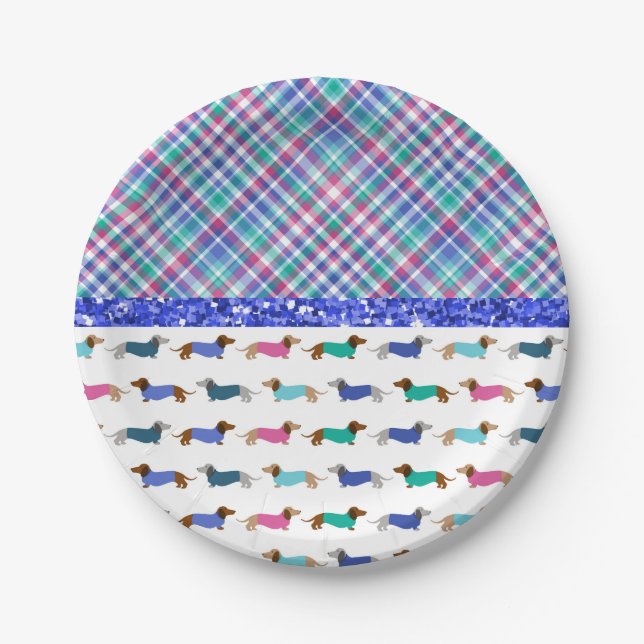 Dachshund Plaid Blue Green Paper Plates (Front)