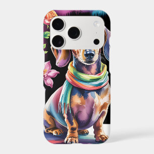 Dachshund Portrait in Neon Light and Floral Frame