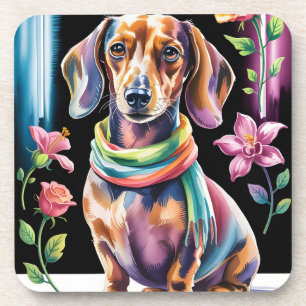 Dachshund Portrait in Neon Light and Floral Frame Coaster