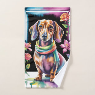 Dachshund Portrait in Neon Light and Floral Frame Hand Towel