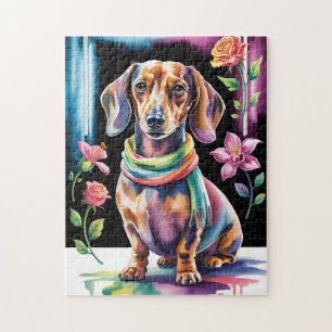 Dachshund Portrait in Neon Light and Floral Frame Jigsaw Puzzle