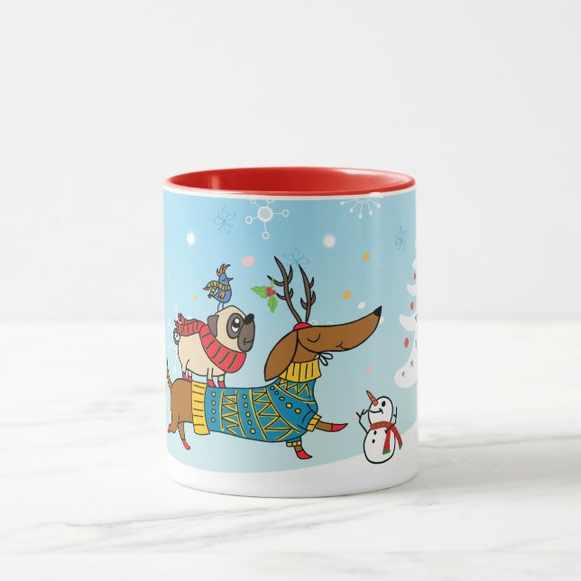 Dachshund, Pug & Bird Holiday Mug (Center)