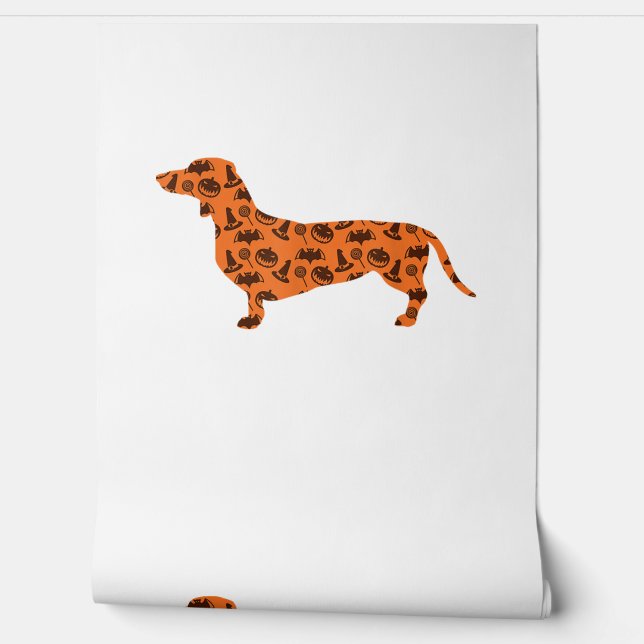 Dachshund Pumpkin Witch Bat Funny Spooky Halloween Wallpaper (Unrolling)