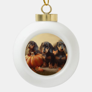 Dachshund Puppy Autumn Delight Pumpkin Ceramic Ball Christmas Ornament