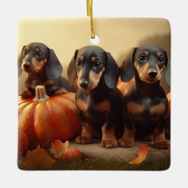 Dachshund Puppy Autumn Delight Pumpkin Ceramic Ornament (Front)
