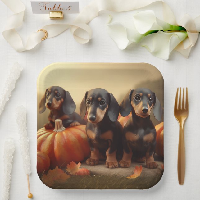 Dachshund Puppy Autumn Delight Pumpkin Paper Plate (Wedding)