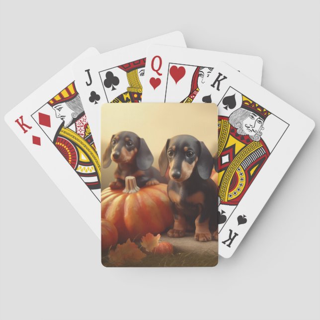 Dachshund Puppy Autumn Delight Pumpkin Playing Cards (Back)