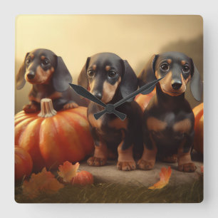 Dachshund Puppy Autumn Delight Pumpkin Square Wall Clock