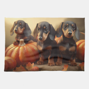 Dachshund Puppy Autumn Delight Pumpkin Tea Towel