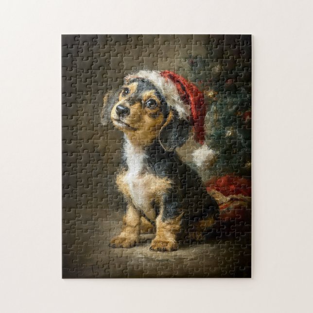 Dachshund Puppy Christmas Painting Jigsaw Puzzle (Vertical)