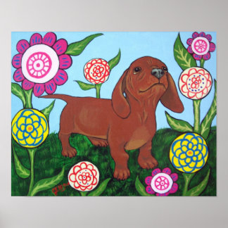Dachshund Puppy in Flowers Print