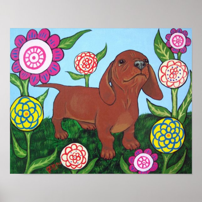 Dachshund Puppy in Flowers Print (Front)