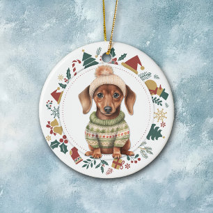 Dachshund Puppy in Winter Sweater Christmas Ceramic Ornament