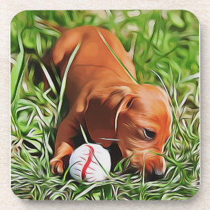 Dachshund Puppy Laying In Grass With Ball Xmas Pos Coaster