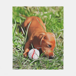 Dachshund Puppy Laying In Grass With Ball Xmas Pos Fleece Blanket
