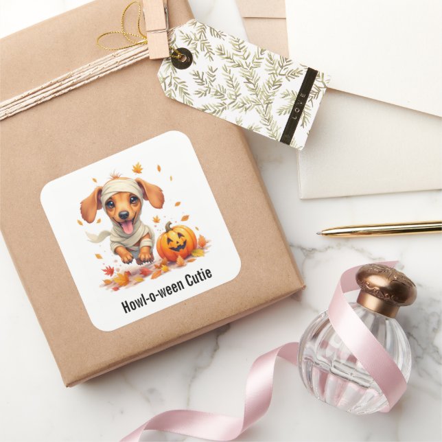 Dachshund Puppy Mummy Halloween Watercolor Square Sticker (Gifting)