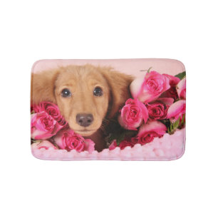 Dachshund Puppy Surrounded by Roses Bath Mat
