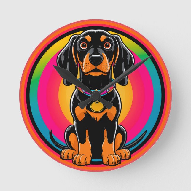 Dachshund Puppy Surrounded by Vibrant Rainbow Round Clock (Front)