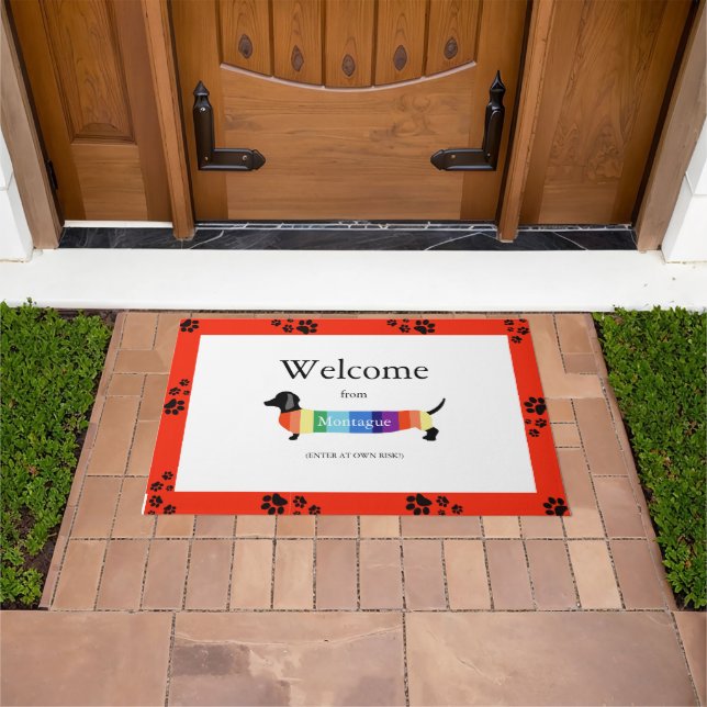Dachshund Rainbow Monogram Welcome Typography Dog Doormat (Outdoor)