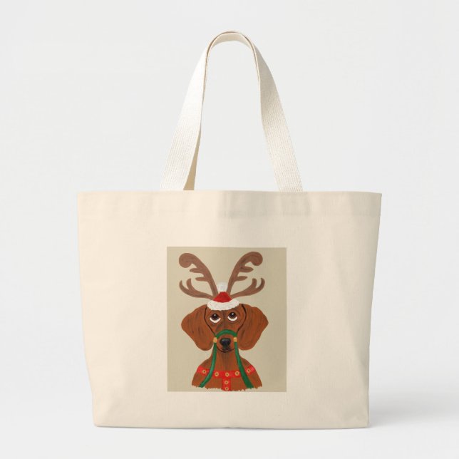 Dachshund  Reindeer Large Tote Bag (Front)