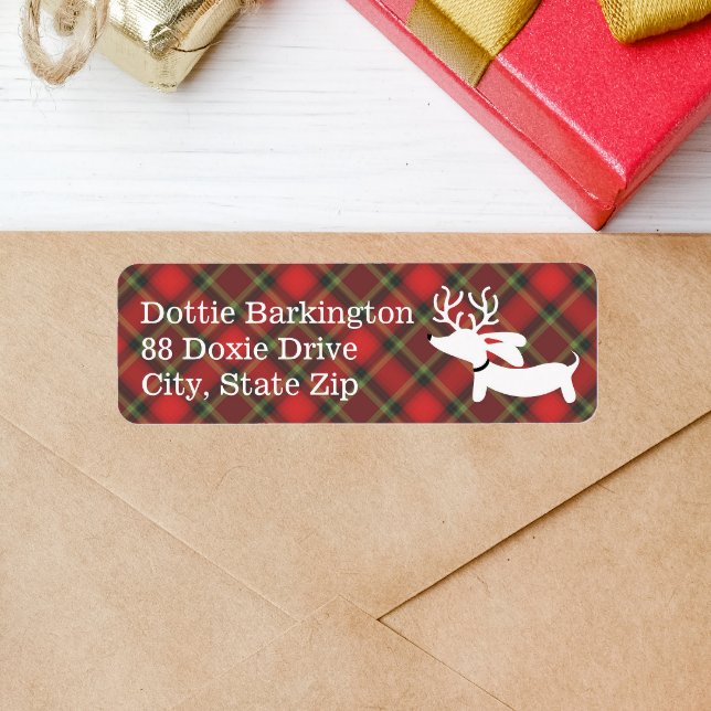 Dachshund Reindeer Plaid Christmas Address Labels (Plaid dachshund Christmas card address label)
