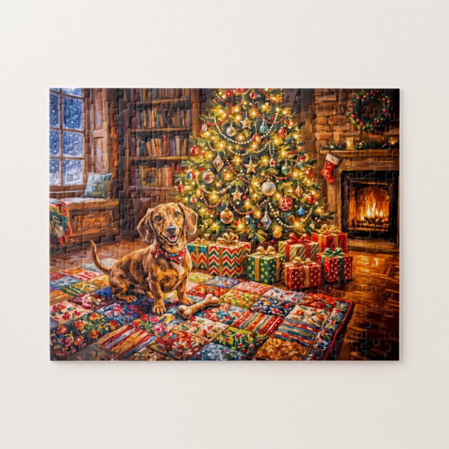 Dachshund Resting Beside Cosy Christmas Tree Firep Jigsaw Puzzle (Horizontal)