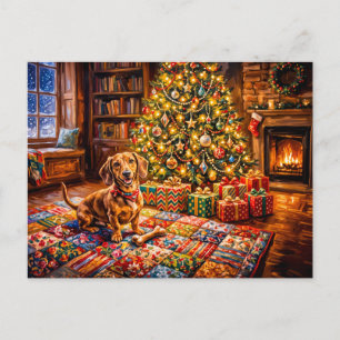 Dachshund Resting Beside Cosy Christmas Tree Firep Postcard