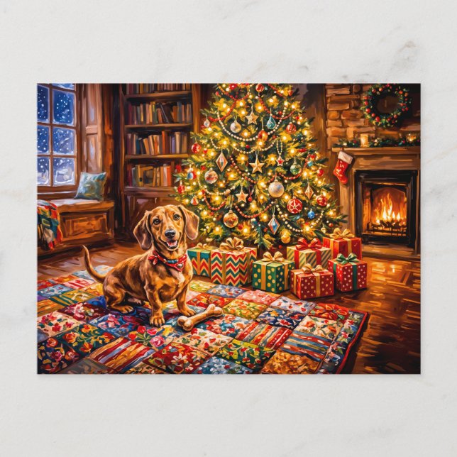 Dachshund Resting Beside Cosy Christmas Tree Firep Postcard (Front)
