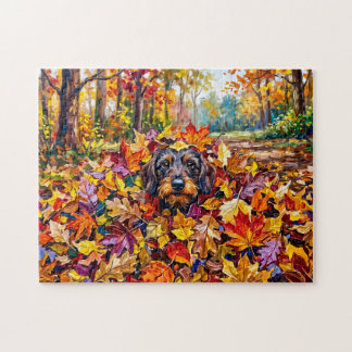 Dachshund Resting in Colourful Autumn Leaves Jigsaw Puzzle