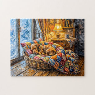 Dachshund Resting in Cosy Winter Window Basket Jigsaw Puzzle