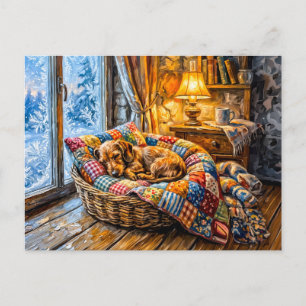 Dachshund Resting in Cosy Winter Window Basket Postcard
