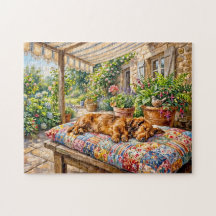 Dachshund Resting on Patchwork Garden Bench