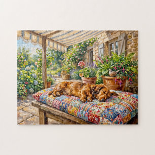 Dachshund Resting on Patchwork Garden Bench Jigsaw Puzzle