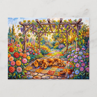 Dachshund Resting Under Floral Garden Pergola Path Postcard