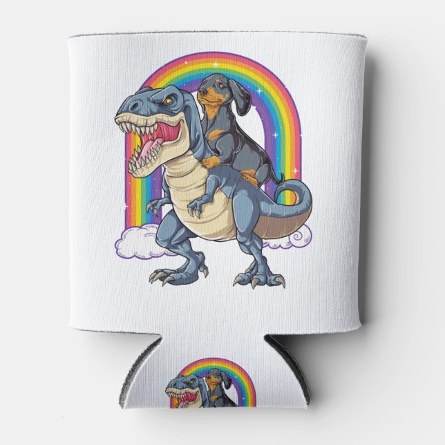 Dachshund Riding Dinosaur T rex Shirt for Men Can Cooler (Front)