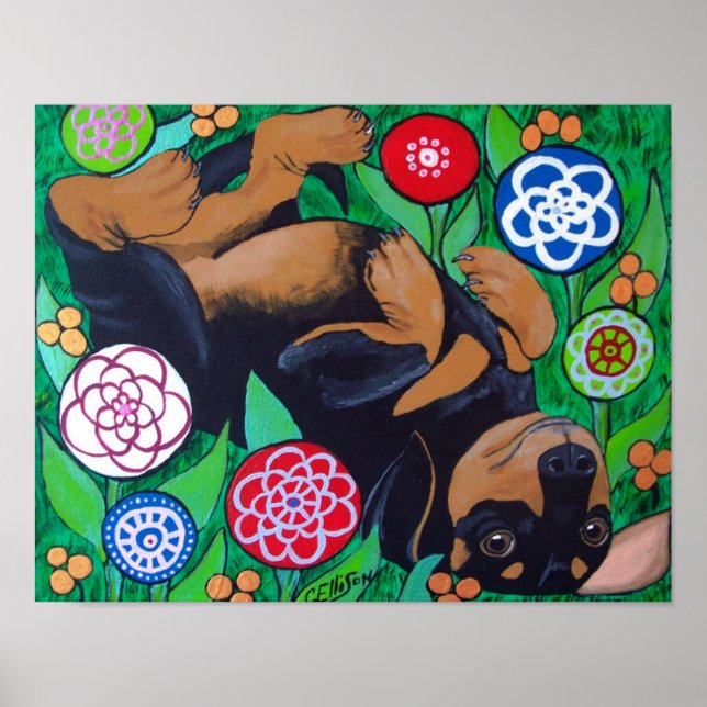 Dachshund Rolling in the Flowers Print (Front)