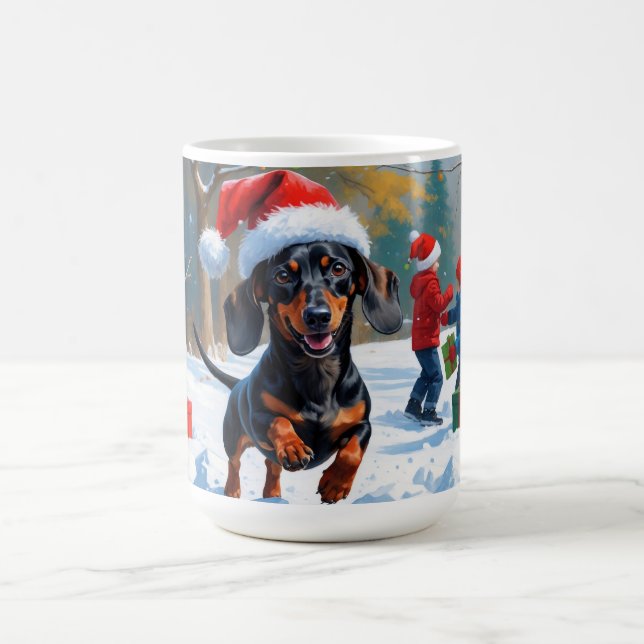 Dachshund Running in Snow with Christmas Hat Coffee Mug (Center)