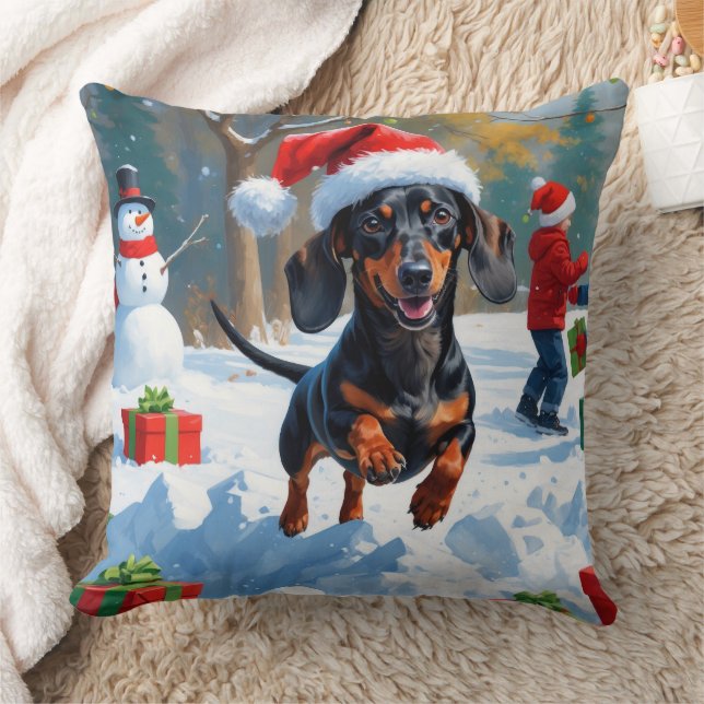 Dachshund Running in Snow with Christmas Hat Cushion (Blanket)
