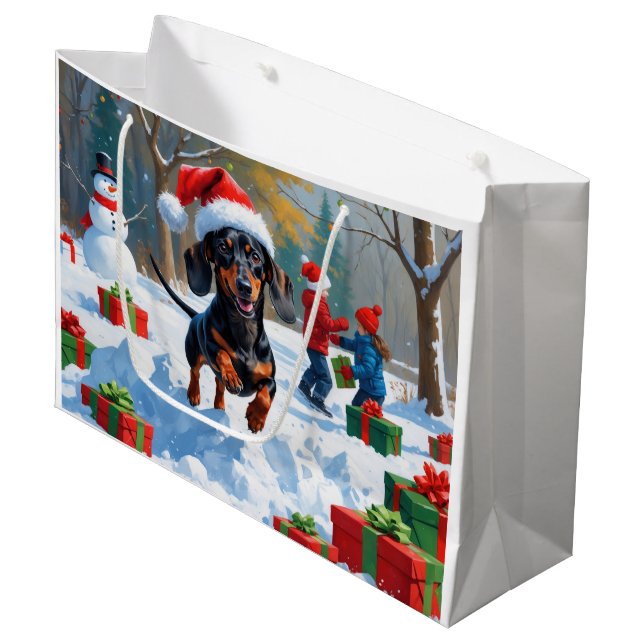 Dachshund Running in Snow with Christmas Hat Large Gift Bag (Front Angled)