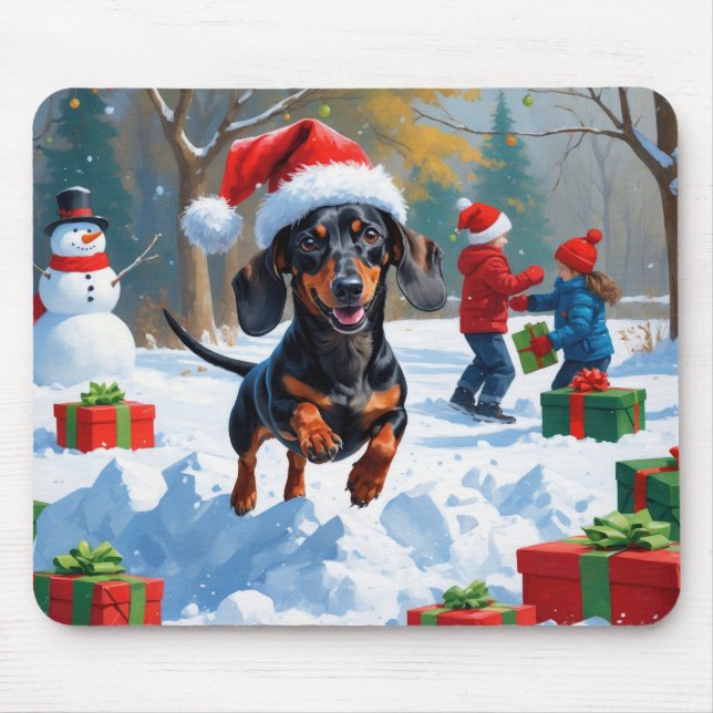 Dachshund Running in Snow with Christmas Hat Mouse Pad (Front)