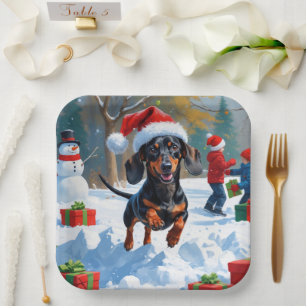 Dachshund Running in Snow with Christmas Hat Paper Plate