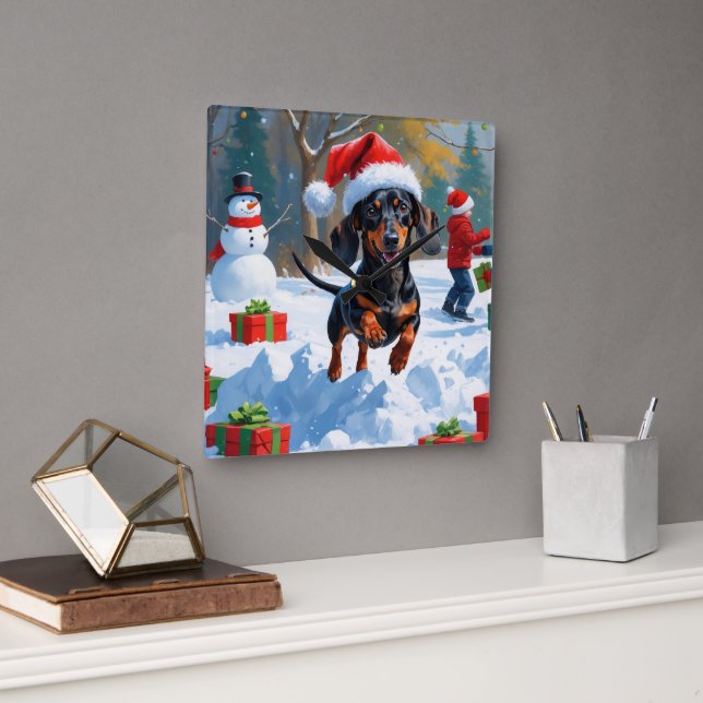 Dachshund Running in Snow with Christmas Hat Square Wall Clock (Office)