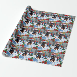 Dachshund Running in Snow with Christmas Hat Wrapping Paper