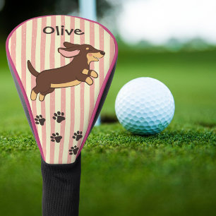 Dachshund Running Pink Stripe Name Golf Head Cover