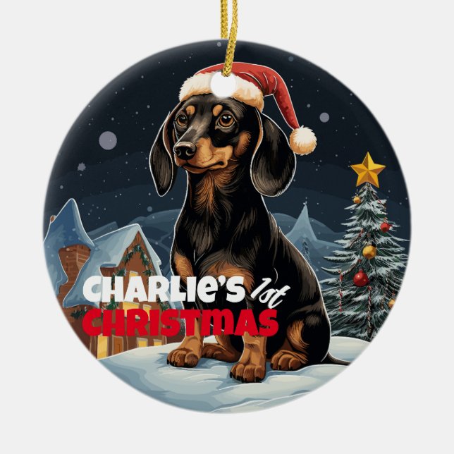 Dachshund’s First Christmas Ceramic Ornament (Front)