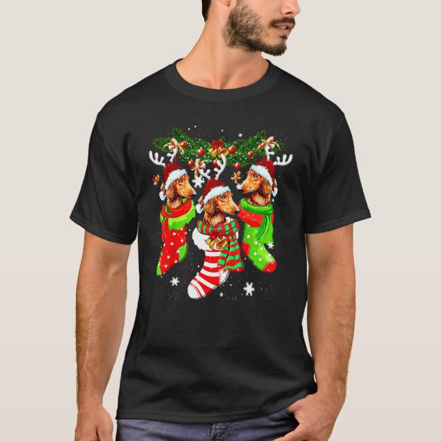 Dachshund Santa Christmas Socks Tree Light Xmas Ha T-Shirt (Front)